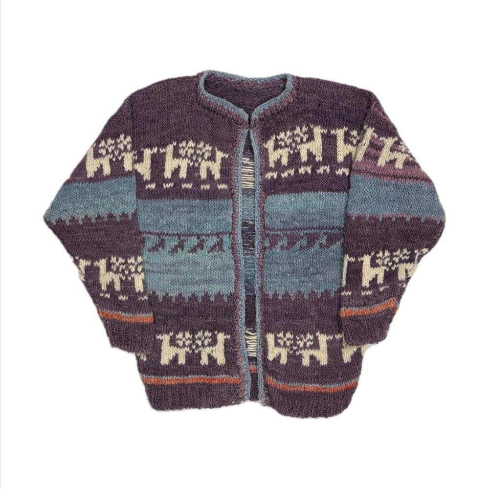 Vtg Handknit purple wool alpaca pattern heavy knit cardigan sweater women small